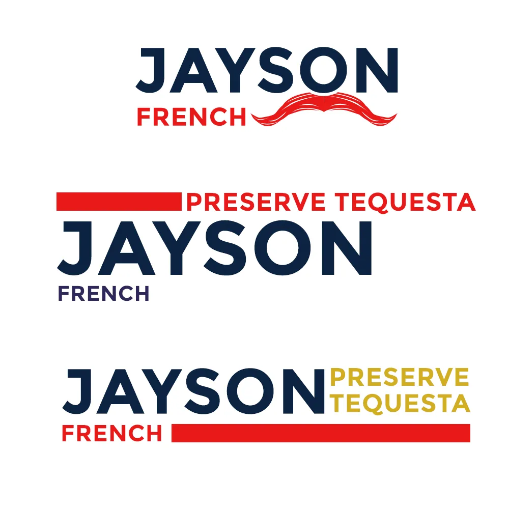 Three Jayson French logo lockups in navy, red, and gold